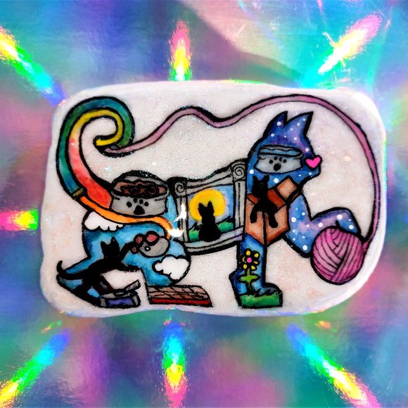 Playful Inner World Cat Silhouette Santorini Stone Hand Painted - Picture 1 of 6